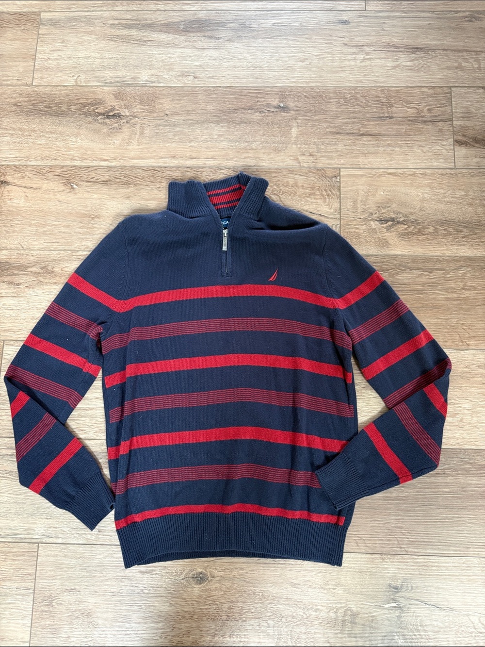 Nautica Men’s Navy and Red Striped Quarter-Zip Sweater Classic